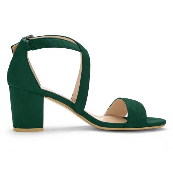 Women's Open Toe Crisscross Ankle Strap Mid Block Heel Green Sandals - Picture 6 of 6